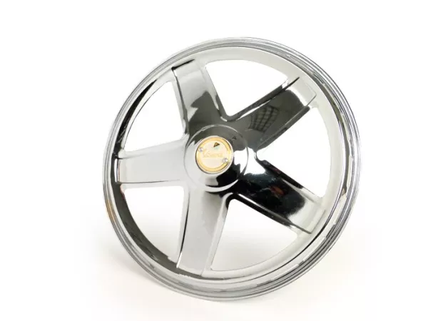 Naafdop -PIAGGIO, Ferrarina, 5-spaaks, Vespa embleem, jaren '50 - voor open 10 velg - Vespa V50, V90, PV125, ET3, PK, GT, GTR, TS, GL, GS VS5T, Sprint, T4, Rally, PX, T5 125cc - chroom