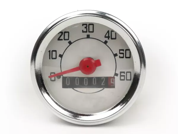 Velocímetro -IMPORT- Vespa Ciao, V50 Ø=48mm - 60km/h (logo rectangular, esfera blanca, dígitos negros)