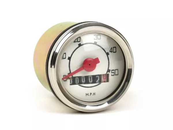 Velocímetro -IMPORT- Vespa V50 Ø=48mm - 50mph (logo rectangular, esfera blanca, dígitos rojos)